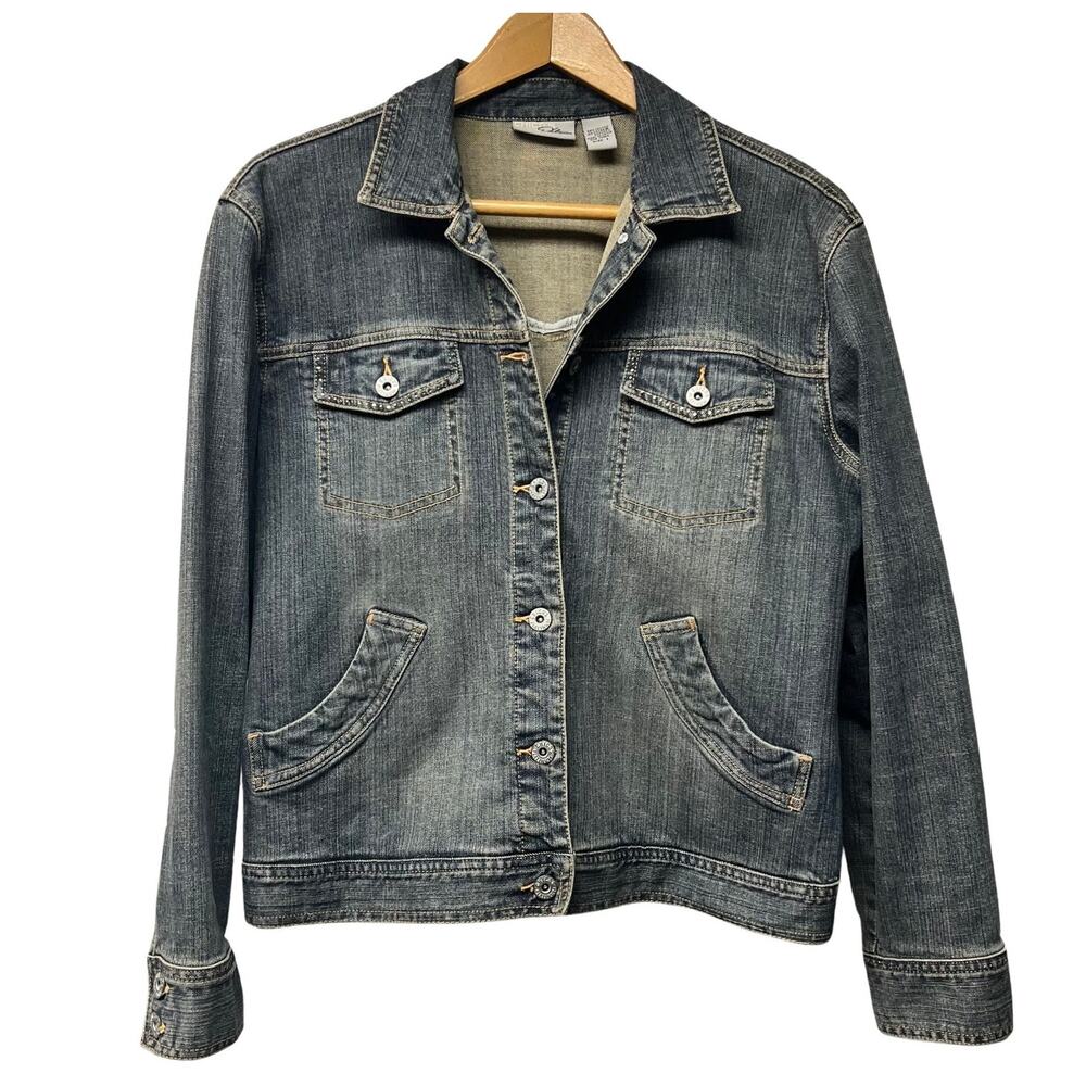 Chico’s Platinum Denim Jean Jacket Size 8 Medium Rhinestone Accents Chico's 1